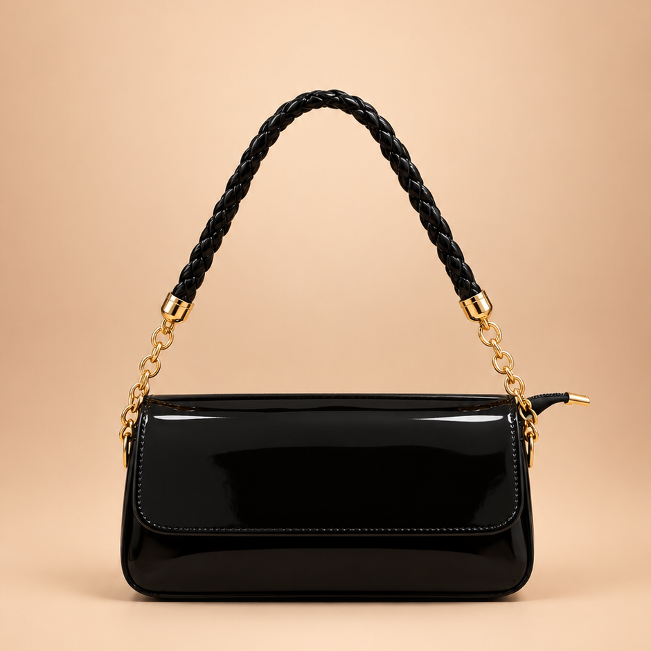 Black Patent Shoulder Bag with Braided Chain Strap 🖤✨