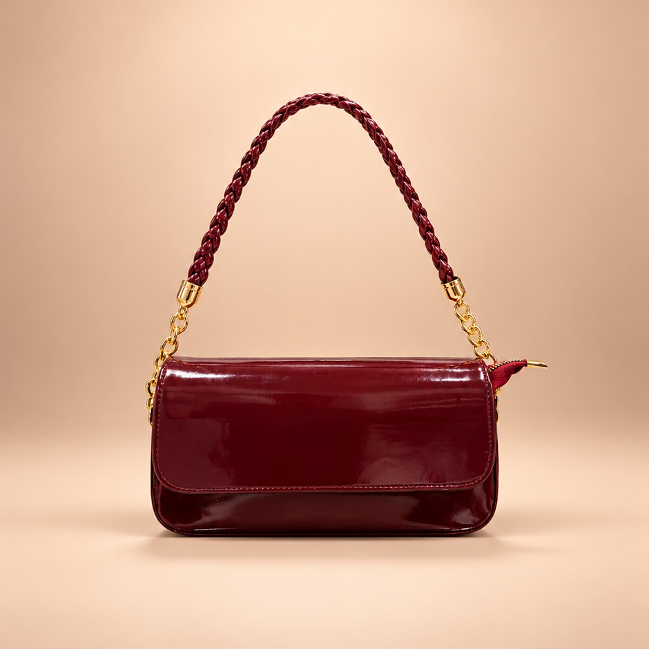 Burgundy Patent Shoulder Bag with Braided Chain Strap ❤️✨