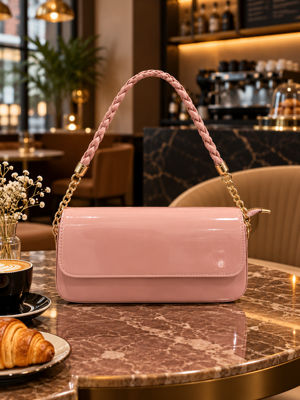 White Patent Leather Shoulder Bag with Braided Chain Strap 🤍✨