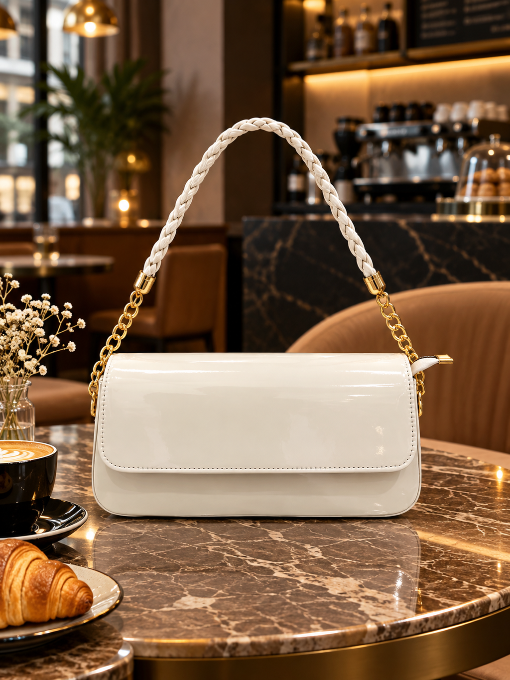 White Patent Leather Shoulder Bag with Braided Chain Strap 🤍✨
