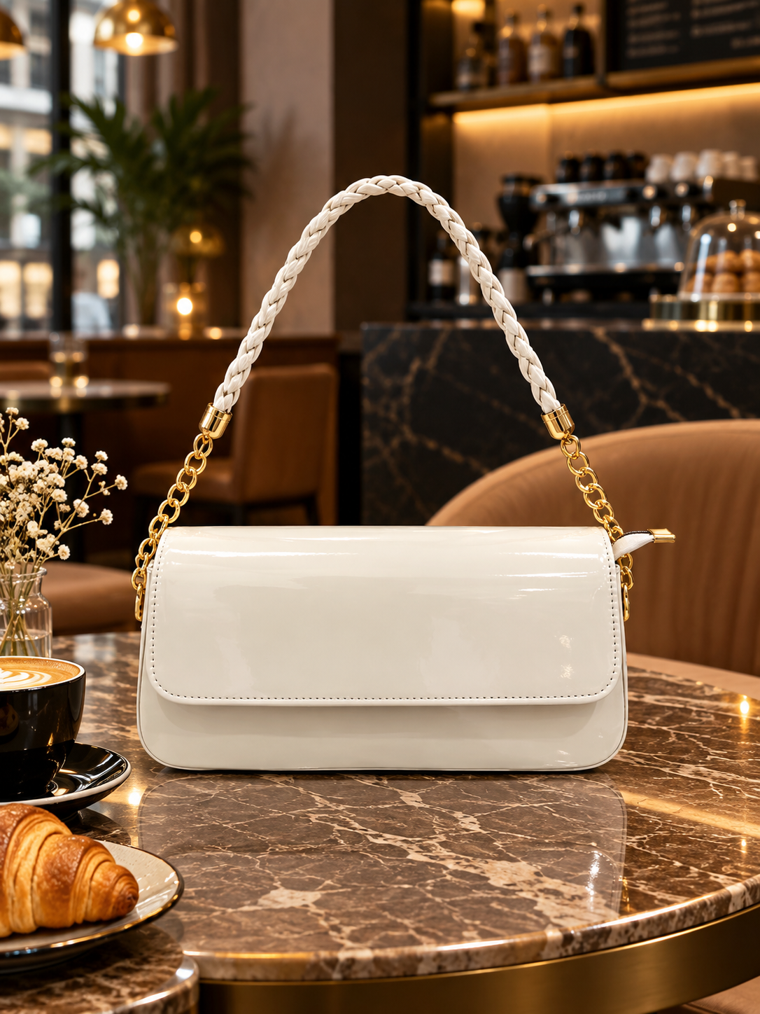 White Patent Leather Shoulder Bag with Braided Chain Strap 🤍✨