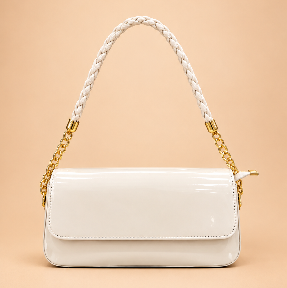 White Patent Leather Shoulder Bag with Braided Chain Strap 🤍✨