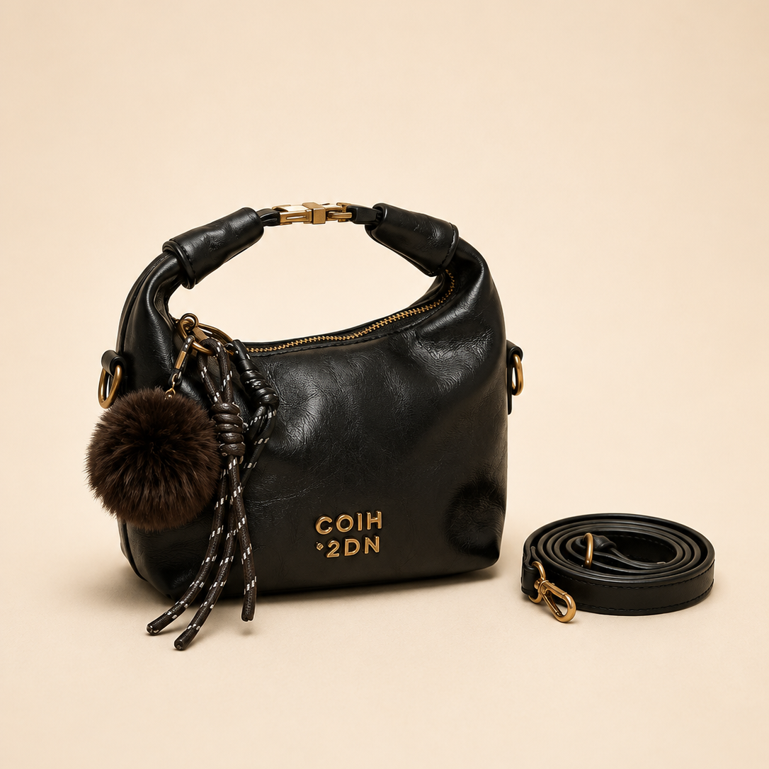 Black  Premium Leather HandBag with Faux Fur Charm & Adjustable Strap