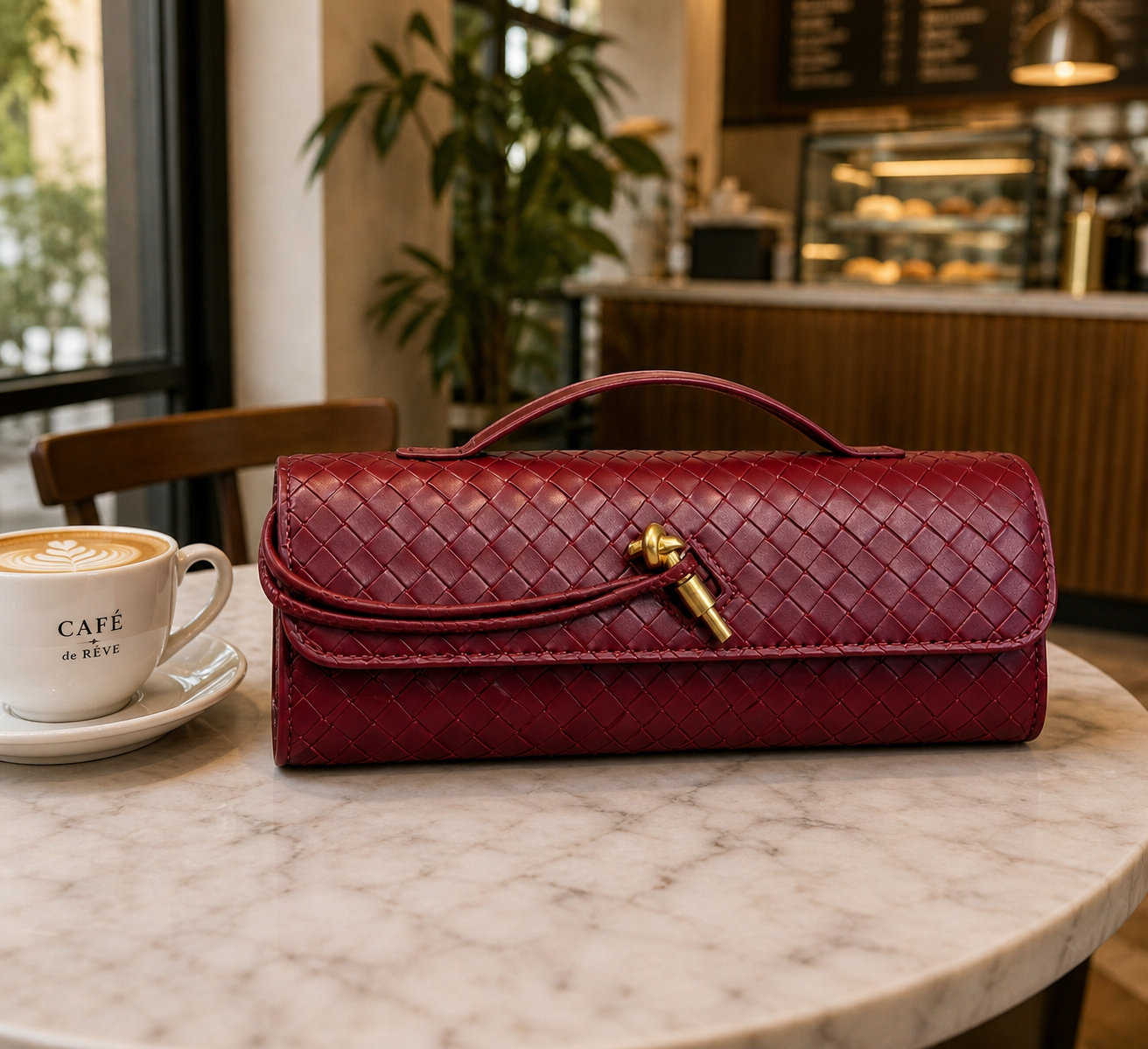WINE RED Woven Leather Clutch Bag