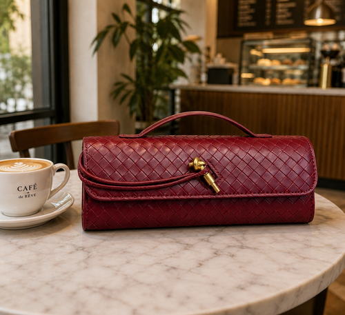 WINE RED Woven Leather Clutch Bag