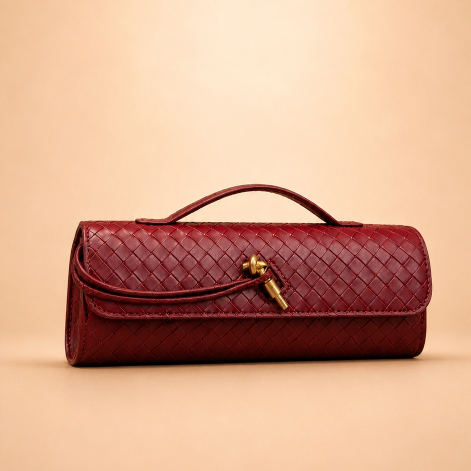 WINE RED Woven Leather Clutch Bag