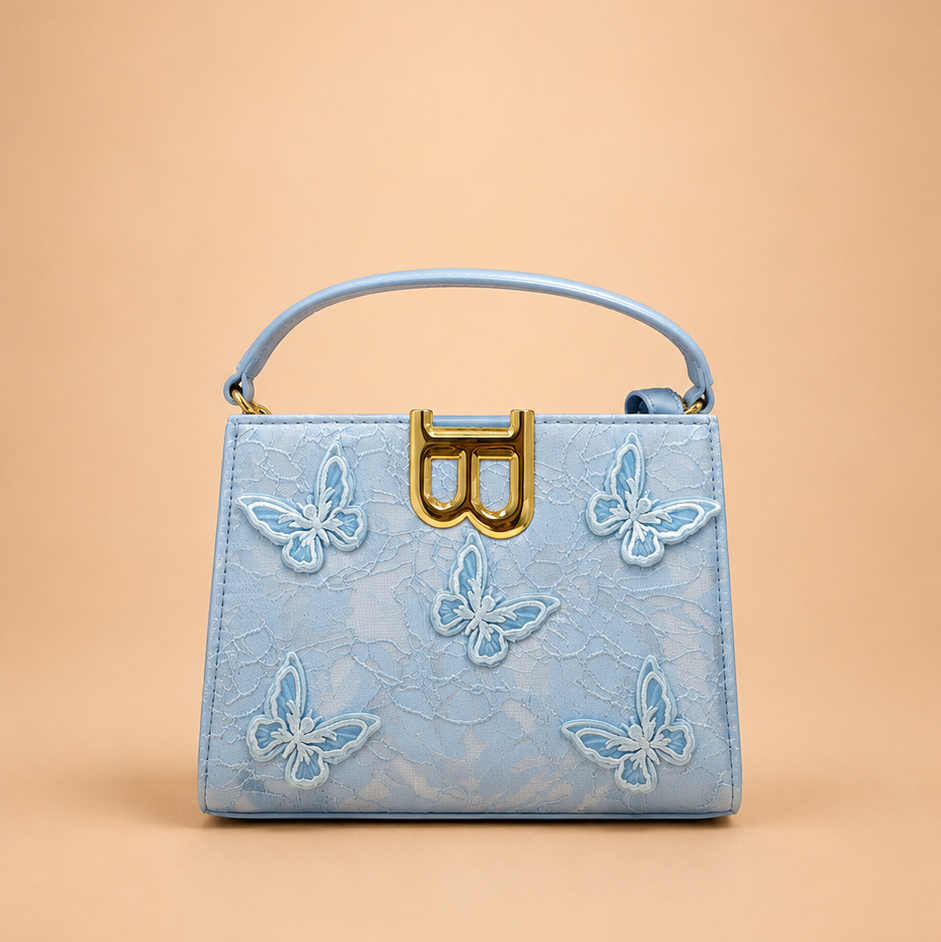 Baby Blue 3D BUTTERFLY Floral Lace Premium Handbag