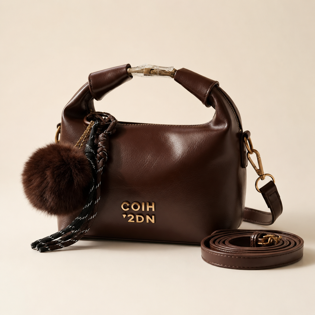 Brown Shoulder Bag with Faux Fur Charm & Adjustable Strap