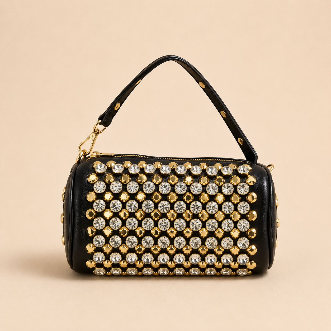 Crystal Rhinestone Barrel Bag — Black & Gold
