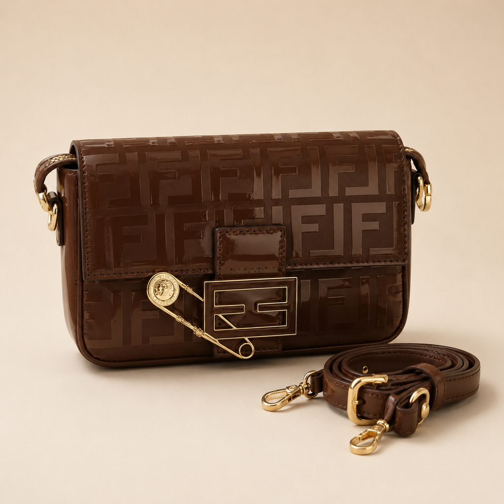 Chocolate Brown Embossed Shoulder Bag with Gold-Tone Clasp