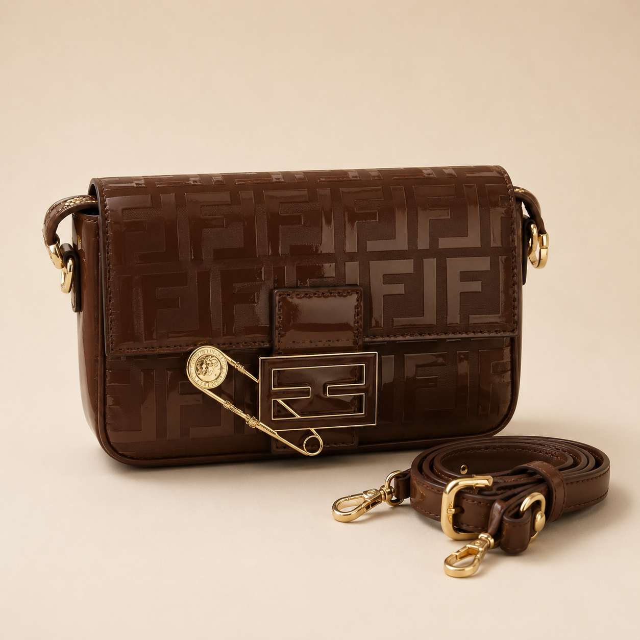 Chocolate Brown Embossed Shoulder Bag with Gold-Tone Clasp
