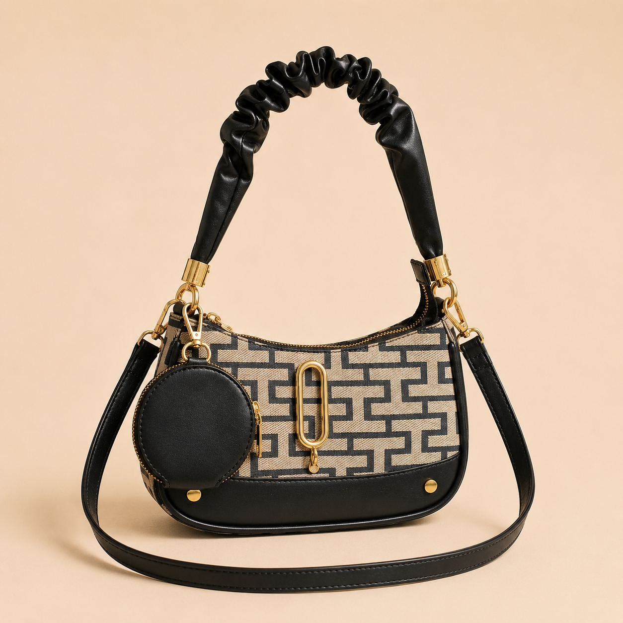 Brown & Black Patterned Shoulder Bag with Coin Pouch