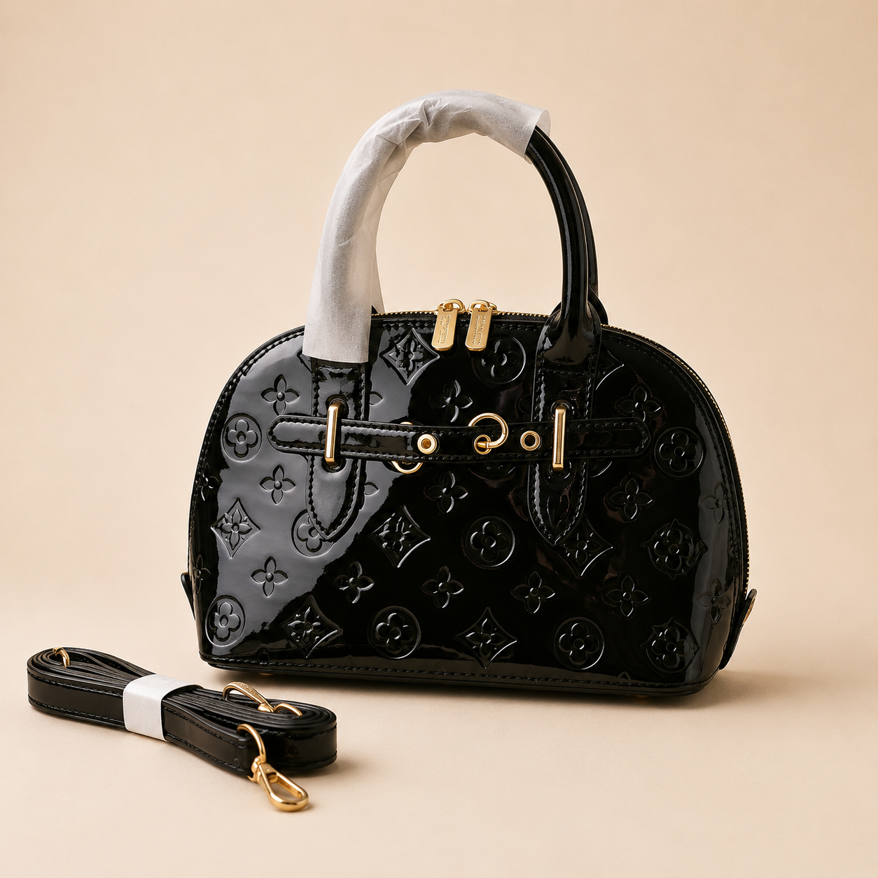 Black Embossed Top Handle Bag with Detachable Strap