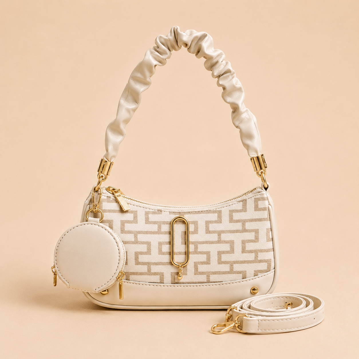 Ivory Patterned Shoulder Bag with Round Coin Pouch