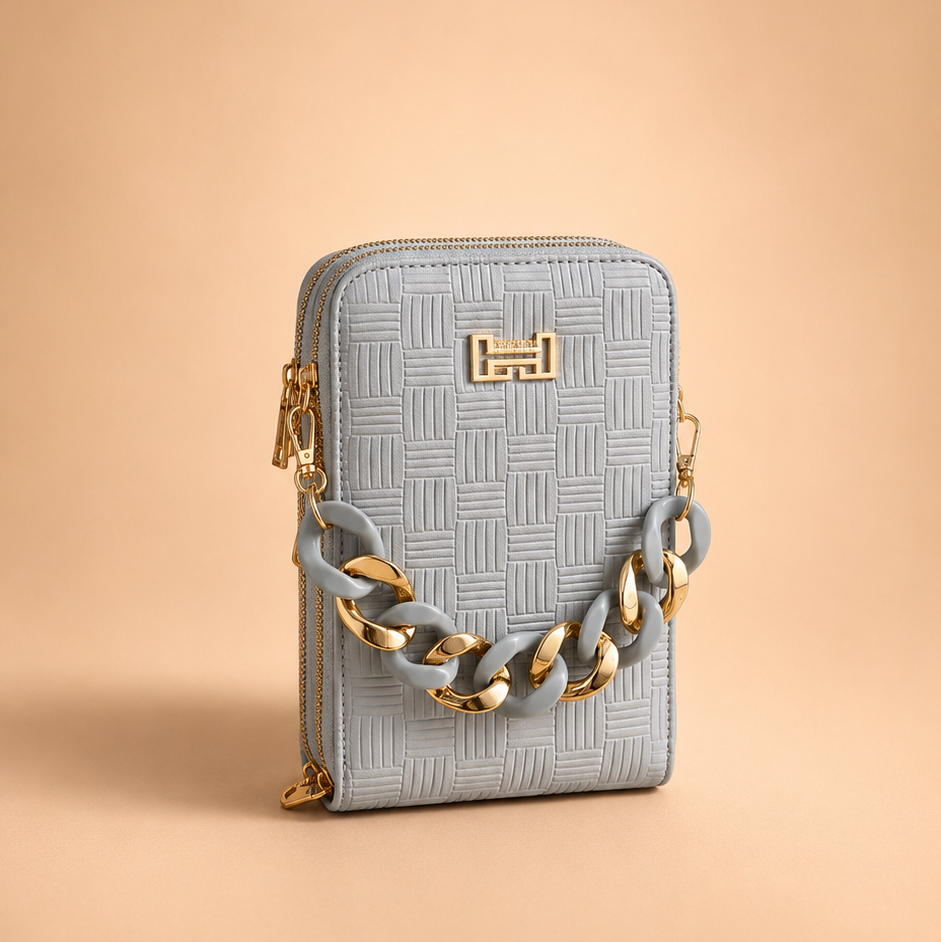 Blue and Brown Textured Crossbody Bag with Statement Chain