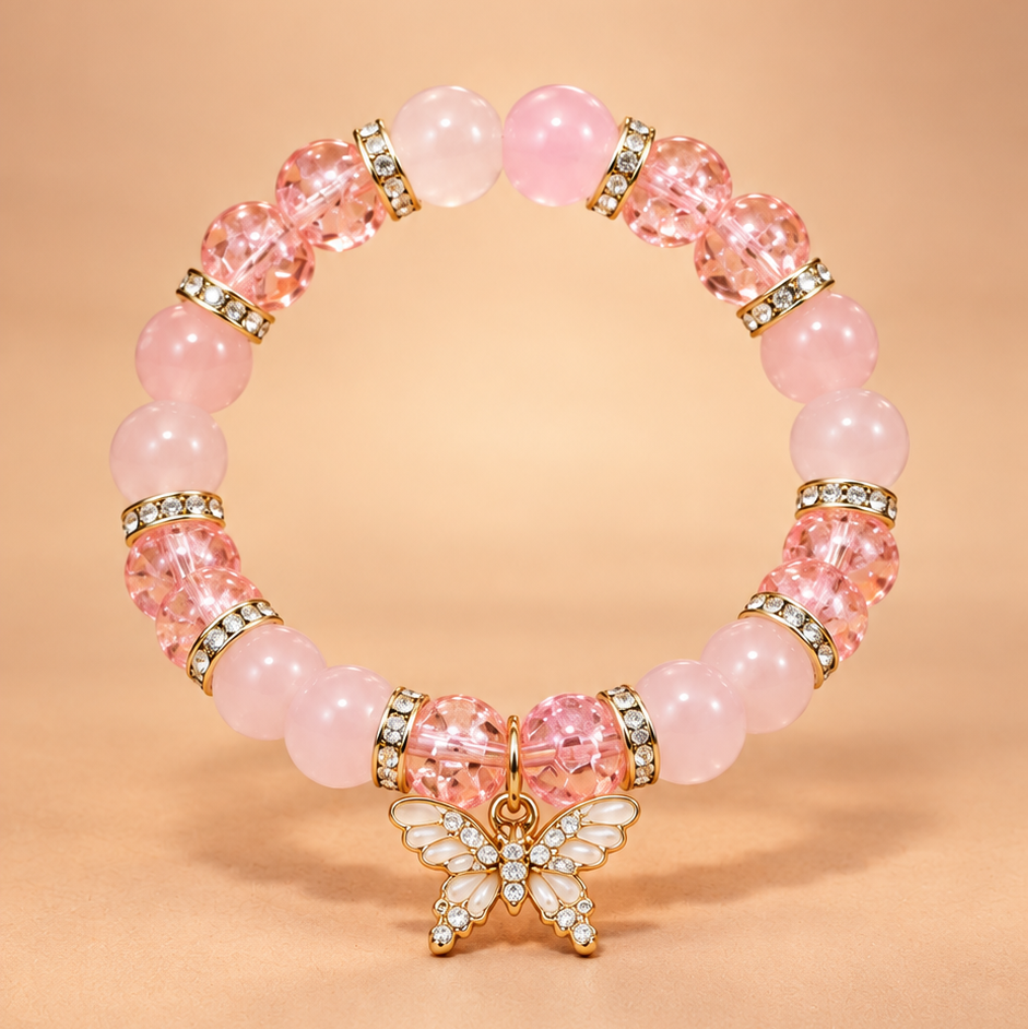 Coral Bliss  Crystal Beaded Butterfly Charm Bracelet