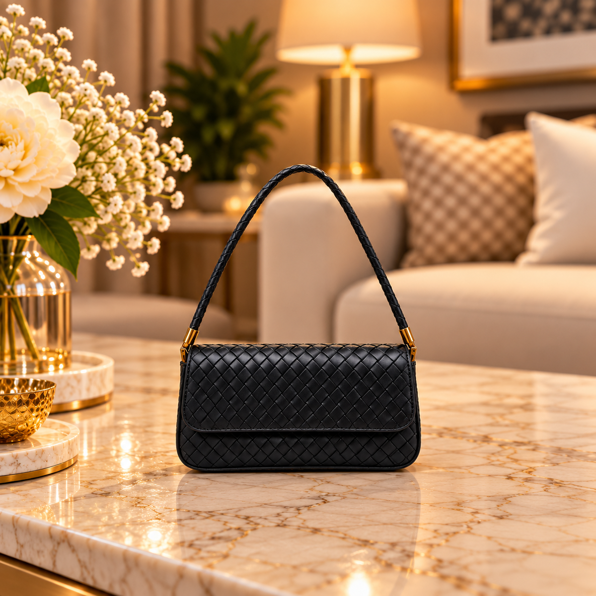 Black Woven Leather Premium Shoulder Bag