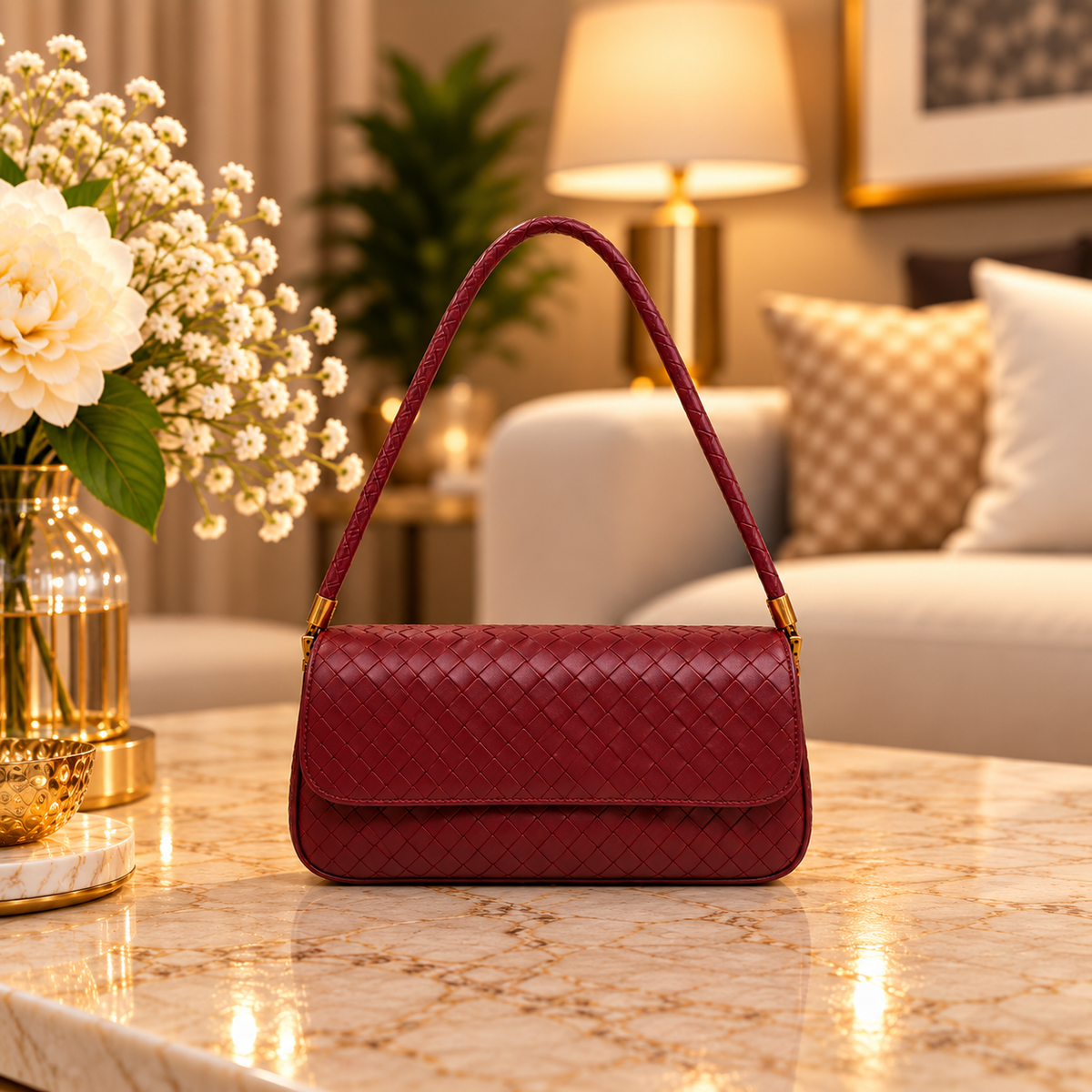 Burgundy Woven Leather Premium Shoulder Bag