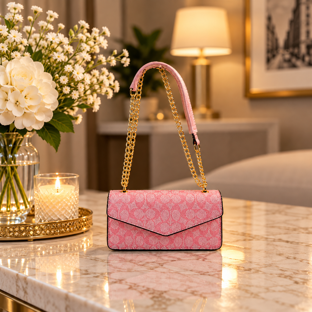 Pink Patterned Chain Shoulder Bag