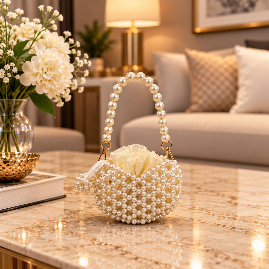 Pearl Collection. HEART OF PEARLS.  Pearl Beaded  Bucket Bag with Pearl Handle