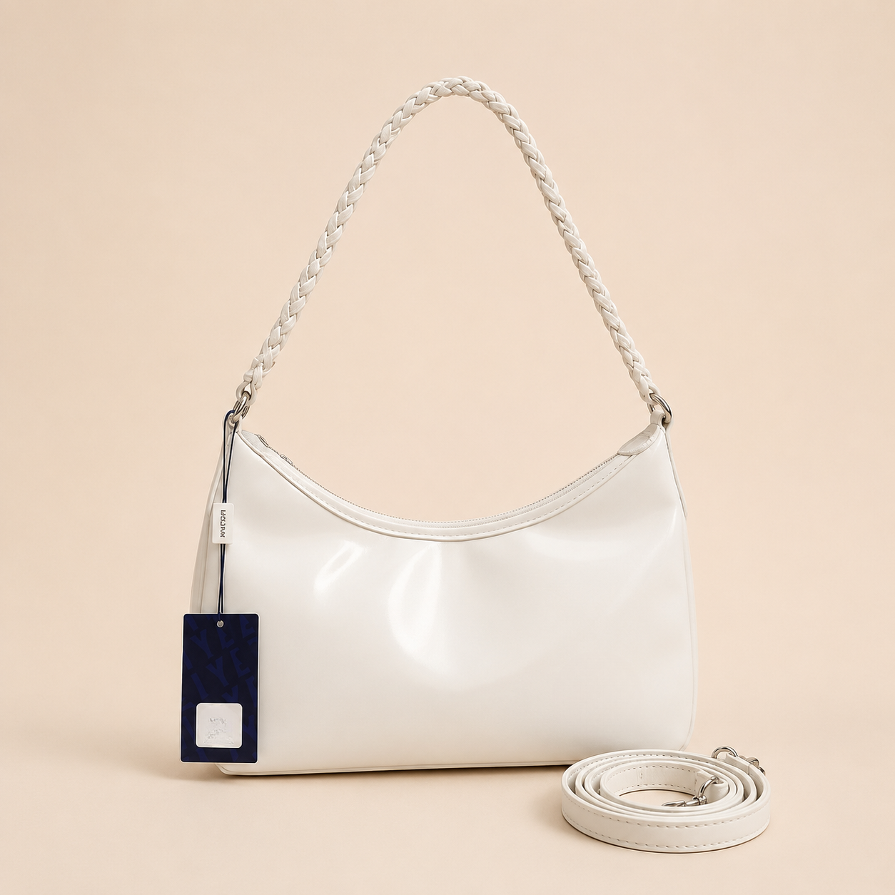 Elegant White Shoulder Bag with Braided Strap