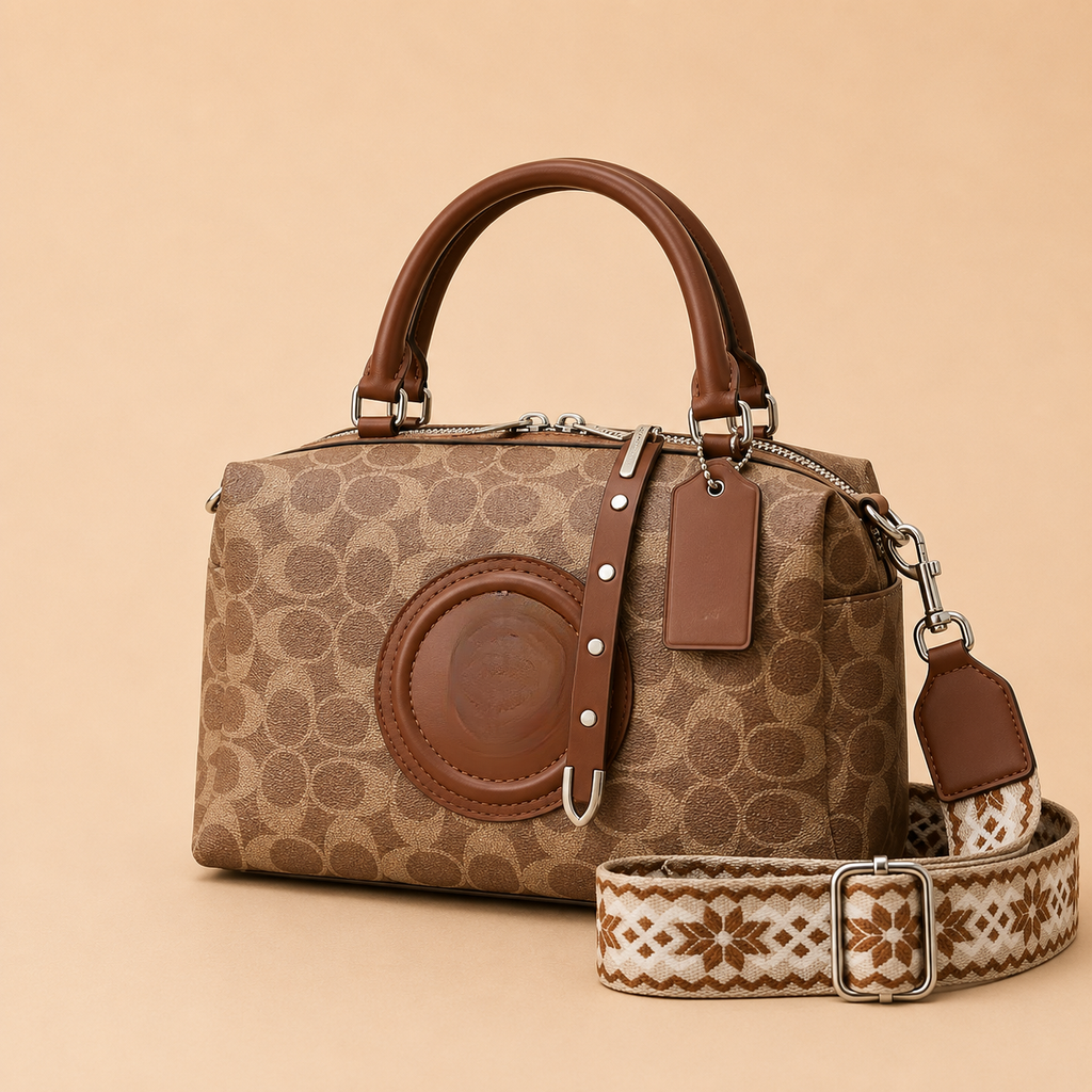 Brown Signature Canvas Barrel Bag with Adjustable Strap