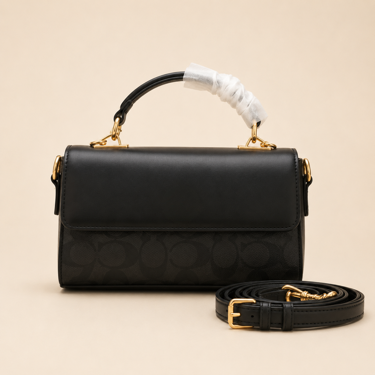 Black Foldover Top Handle Bag with Shoulder Strap