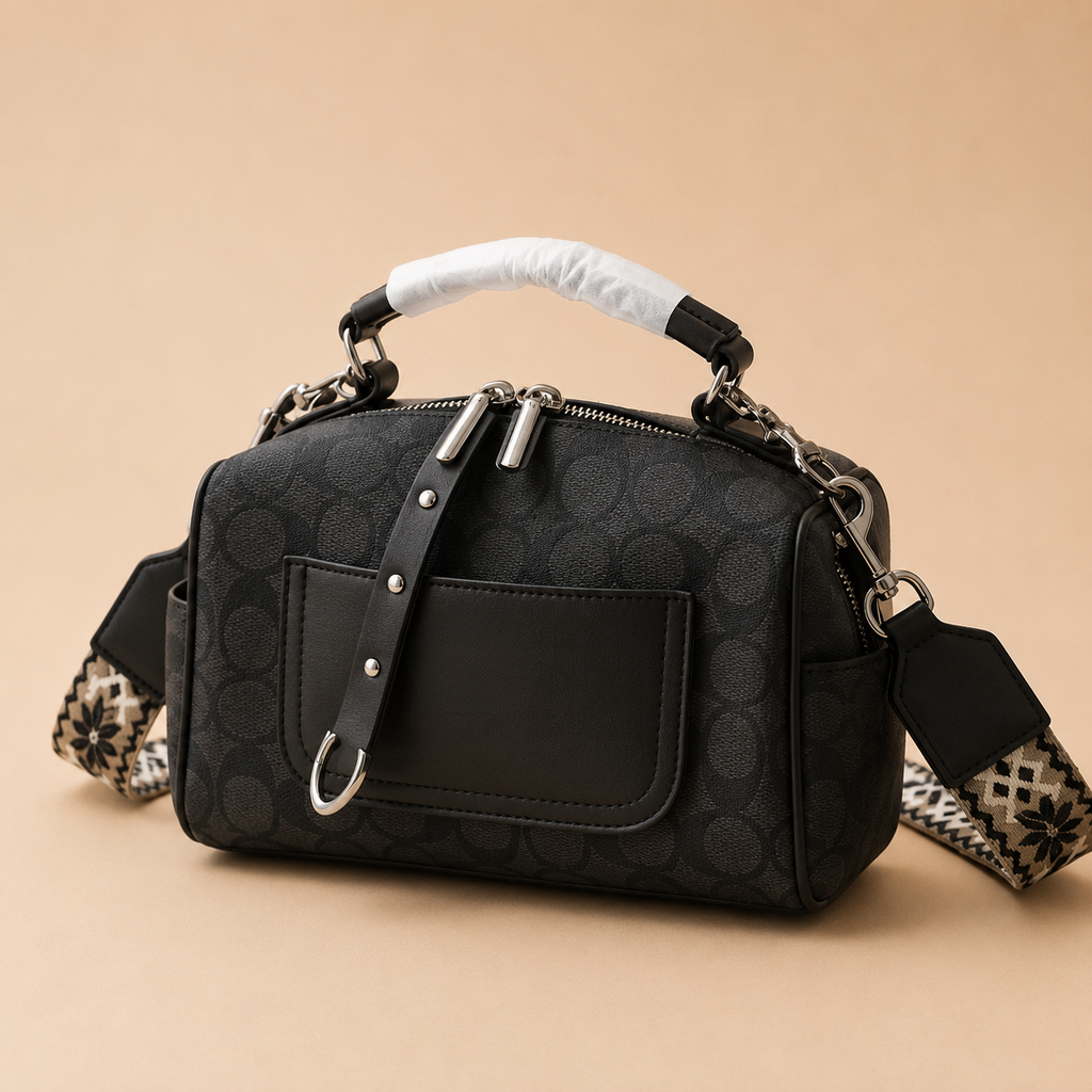 Black Signature Canvas Duffle Bag with Adjustable Strap