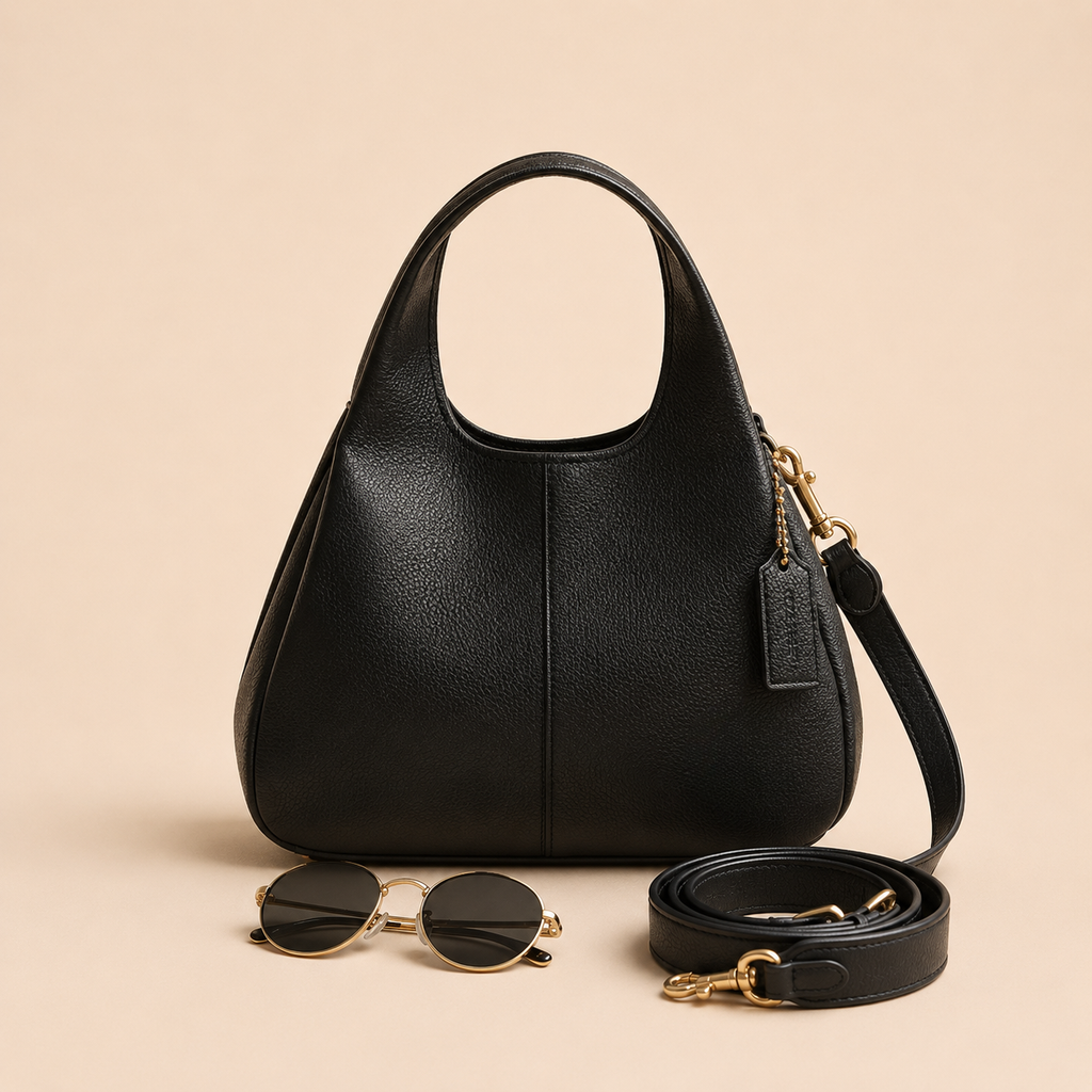 Black Leather Hobo Shoulder Bag with Adjustable Strap
