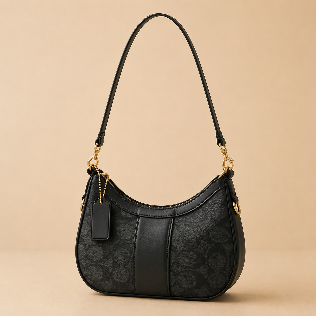 Black Monogram Shoulder Bag with Adjustable Strap
