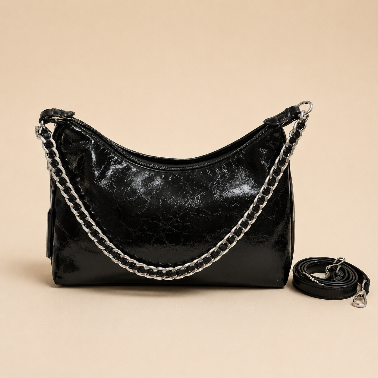 Black Glossy Shoulder Bag with Chain Strap