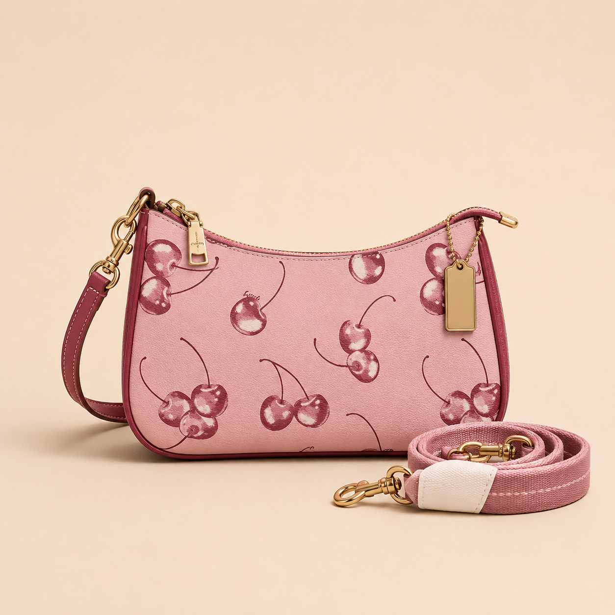 Pink Cherry Print Shoulder Bag with Adjustable Strap