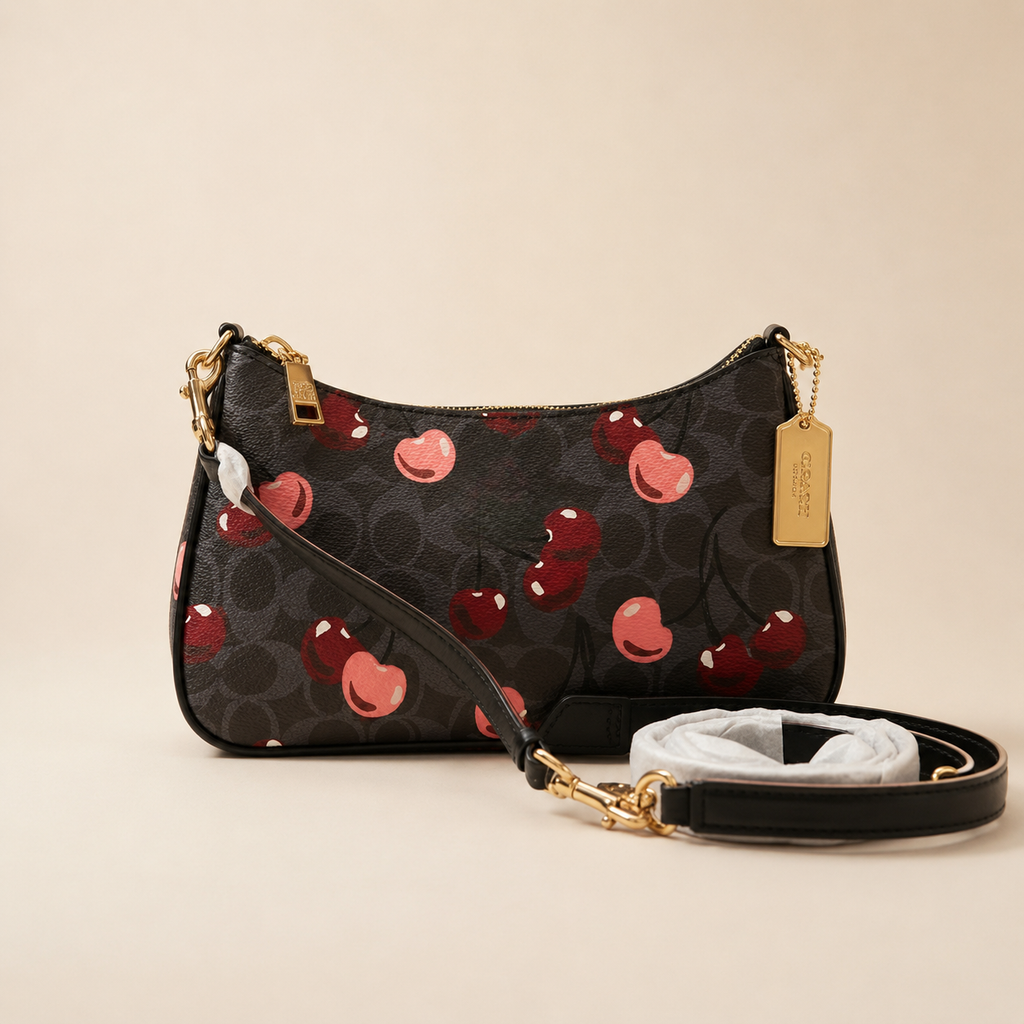 Elegant Black Cherry Print Shoulder Bag with Adjustable Strap