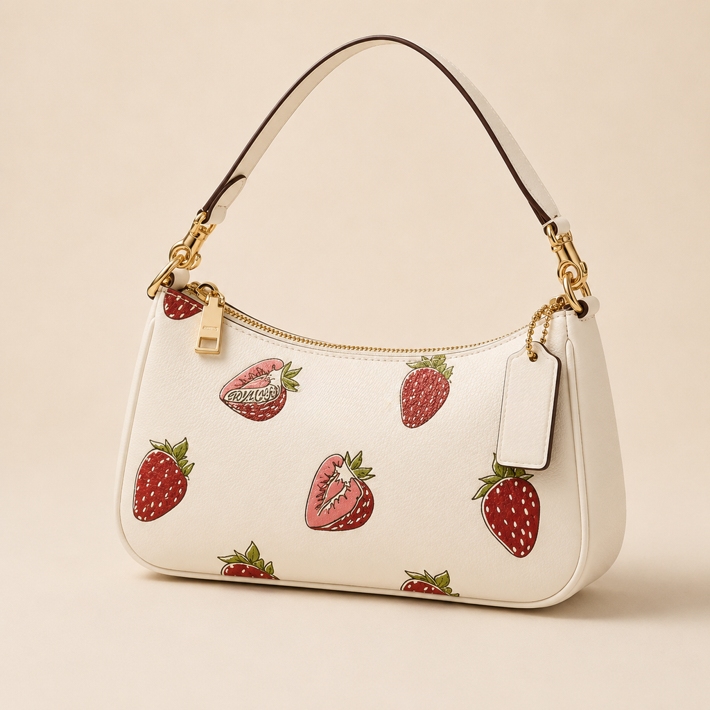 White Strawberry Print Shoulder Bag for Women