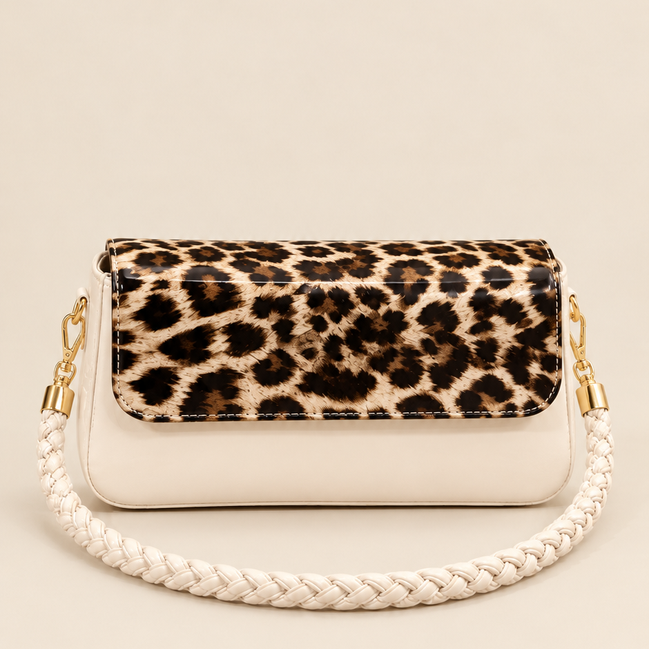 Beige Leopard Print Flap Shoulder Bag with Braided Strap