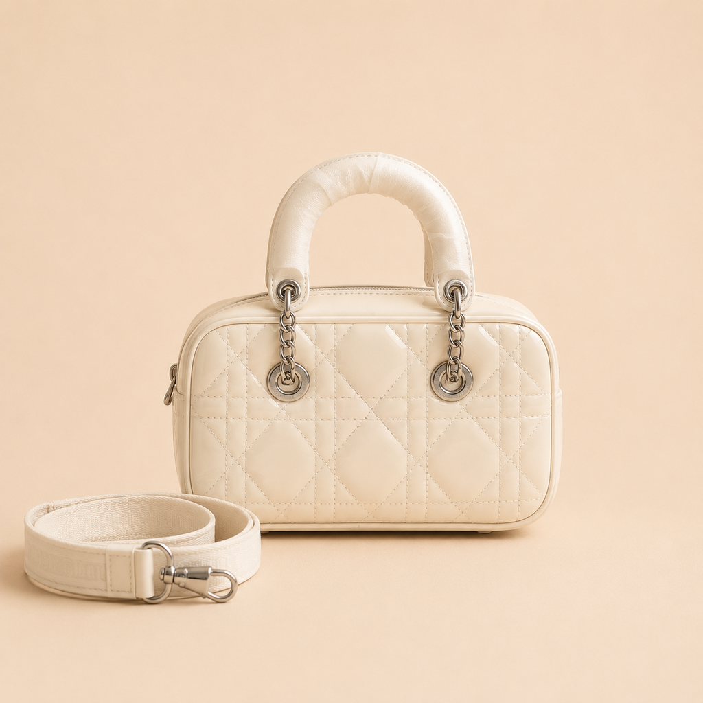 White Quilted Top Handle Bowling Bag with Shoulder Strap