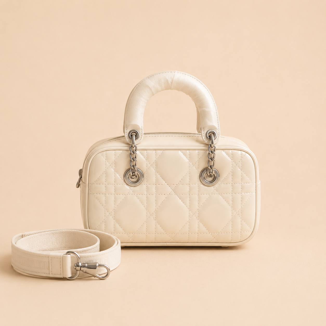 White Quilted Top Handle Bowling Bag with Shoulder Strap