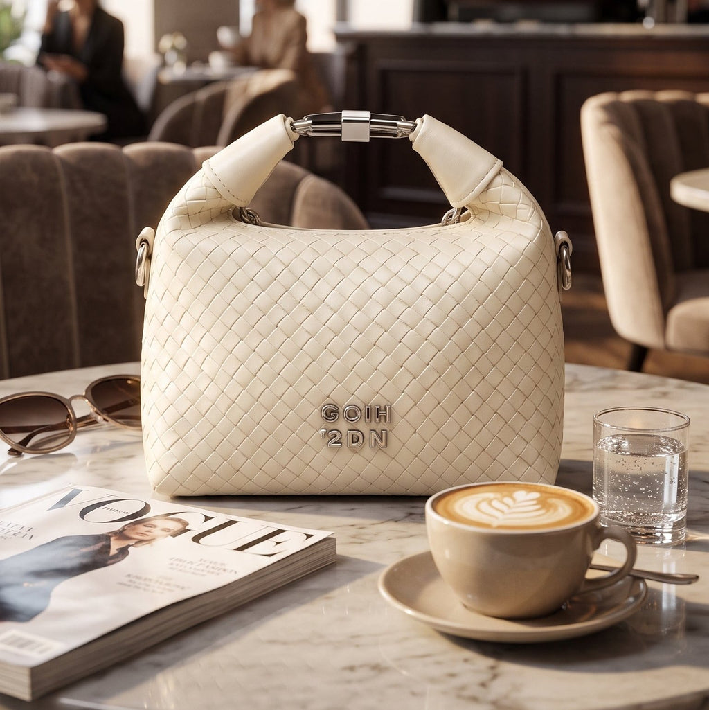 Milky White Woven Vegan Leather Top-Handle  Bag