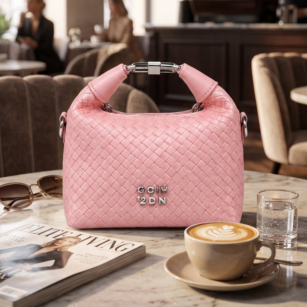 Soft Pink Woven Top-Handle Trendy Handbag