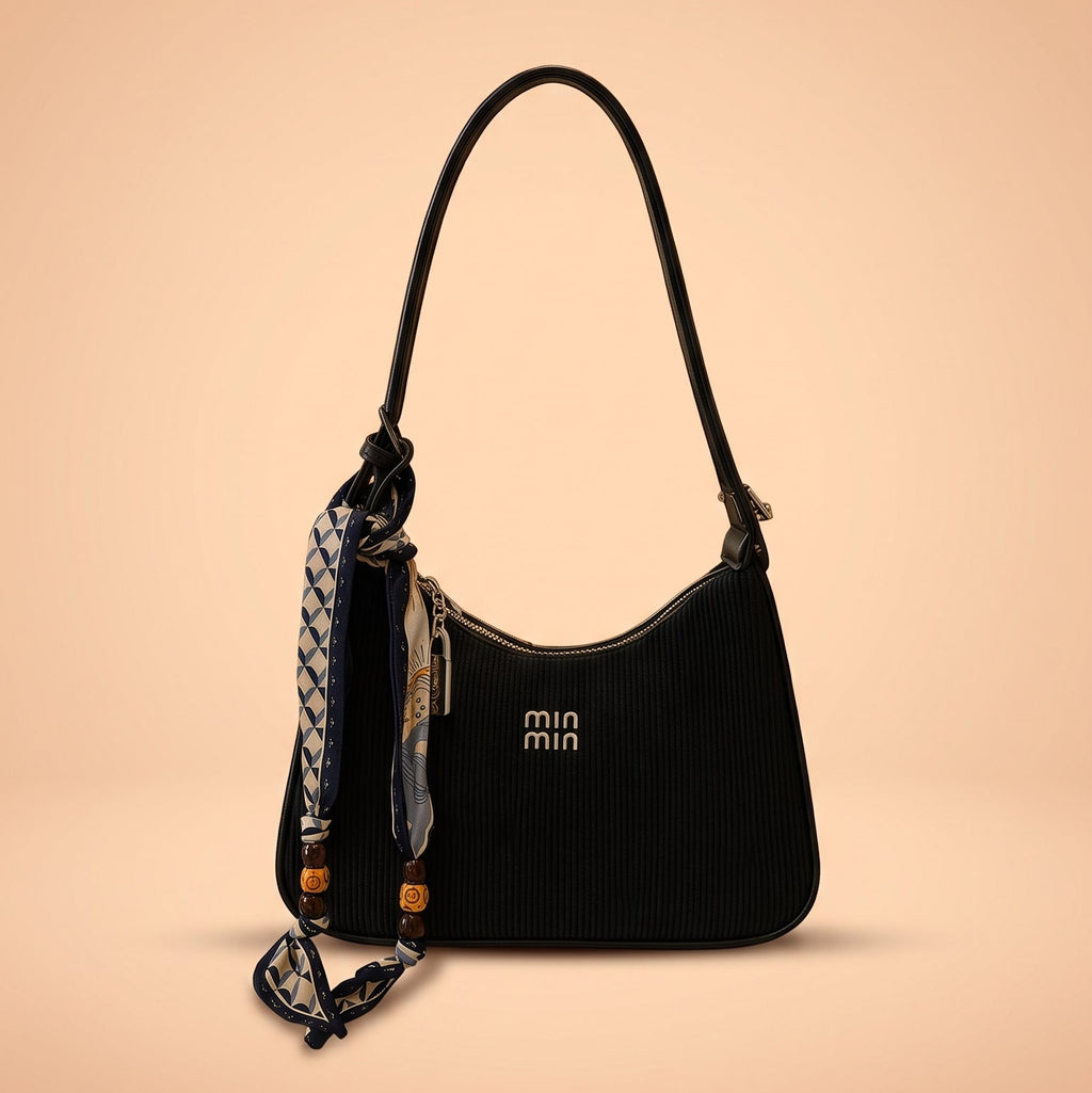 Black Ribbed Shoulder Bag with Elegant Scarf Detail 🖤✨