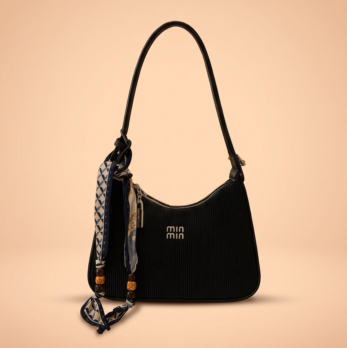 Black Ribbed Shoulder Bag with Elegant Scarf Detail 🖤✨