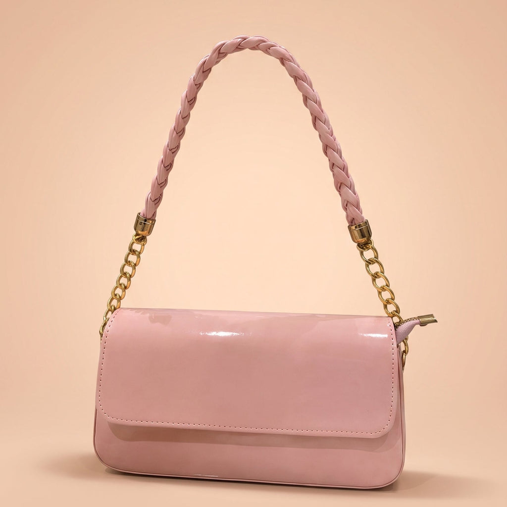 Soft Pink Patent Braided-Strap Shoulder Bag