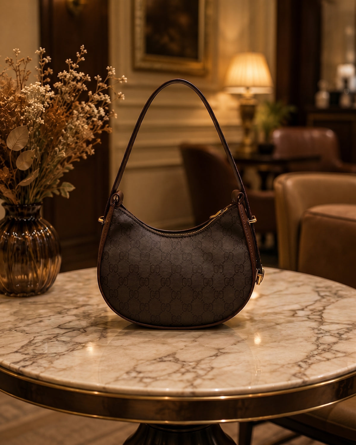 Classic Brown Houndstooth Crescent Shoulder Bag