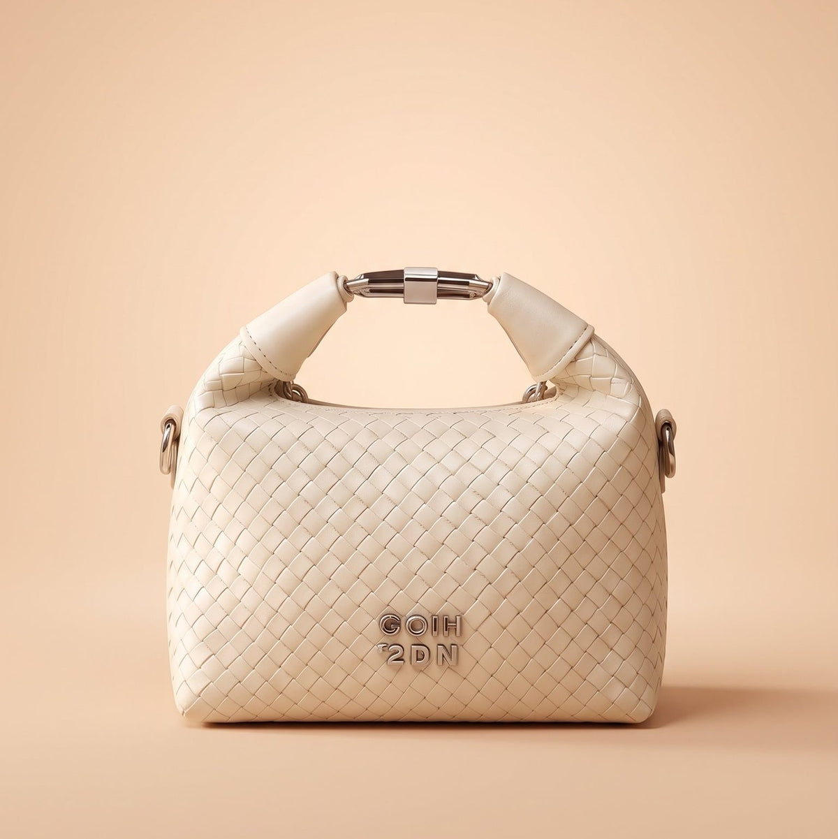 Milky White Woven Vegan Leather Top-Handle  Bag