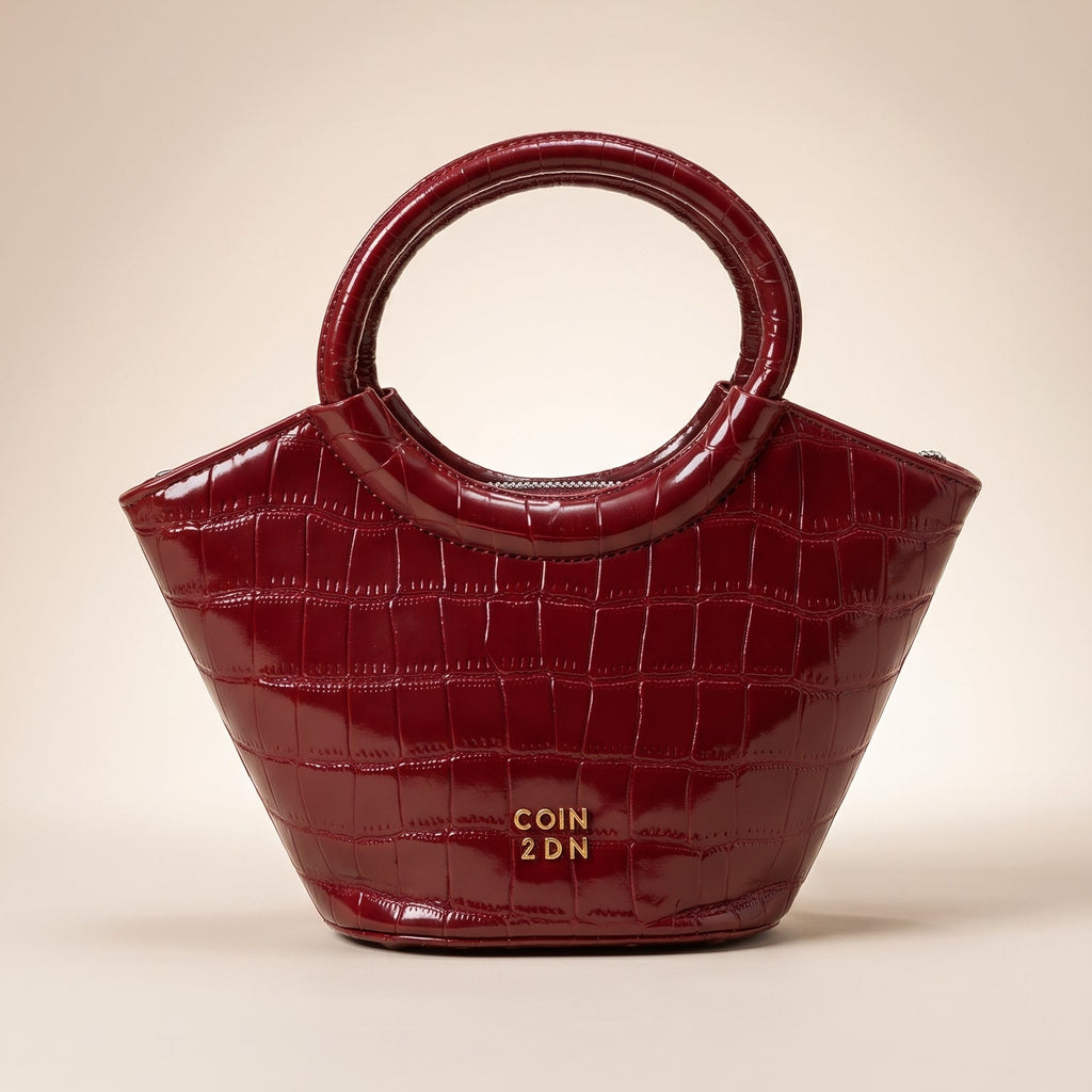 Burgundy Croc-Embossed Structured Handbag