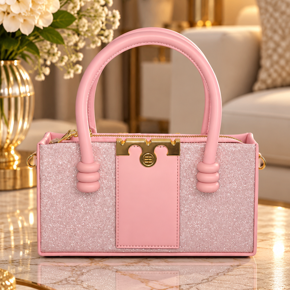 Pink Glitter Structured Handbag with Gold-Tone Clasp