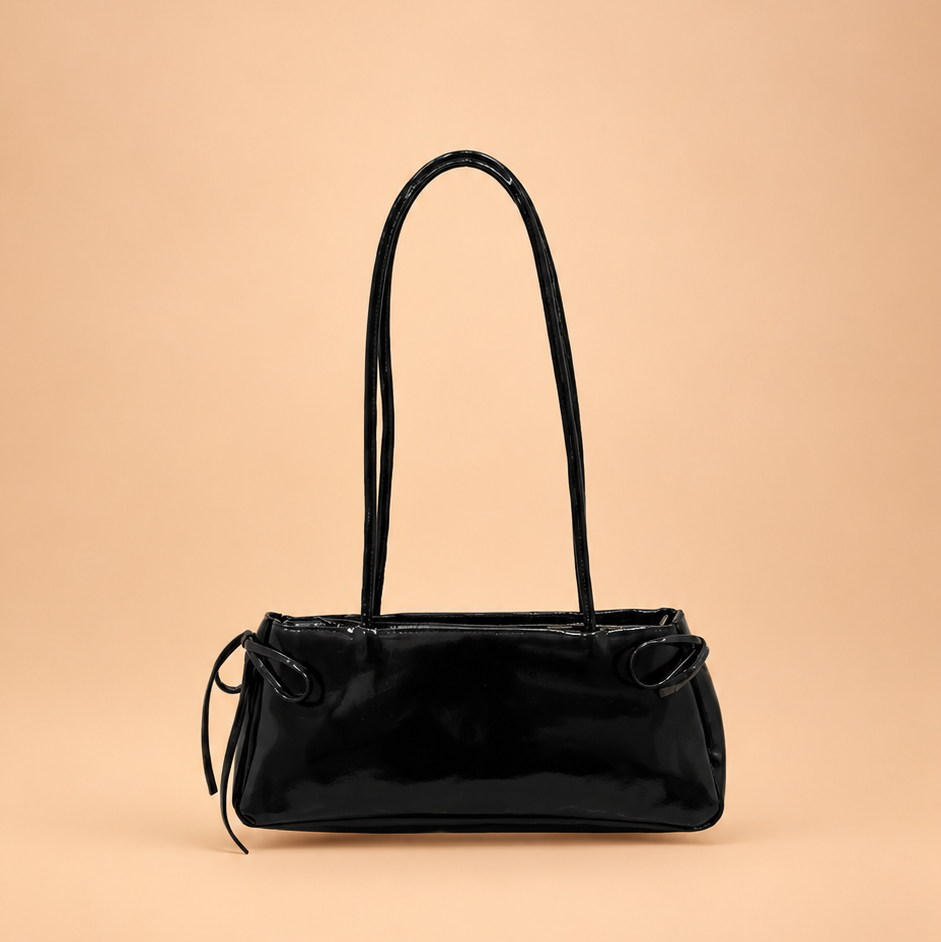 Glossy Black Minimalist Bow Shoulder Handbag