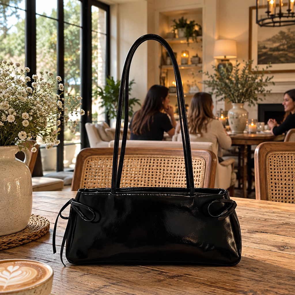 Glossy Black Minimalist Bow Shoulder Handbag