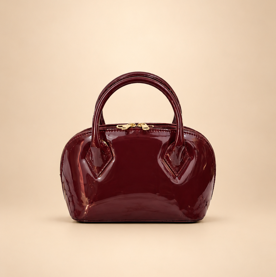 Cherry red  Glossy Dome Handbag with Gold-Tone hardware with cherry charm