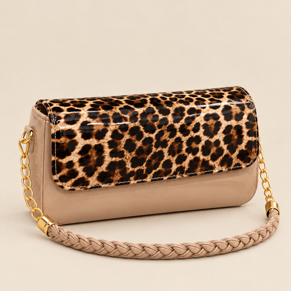 Tan Leopard Print Glossy Shoulder Bag with Braided Strap